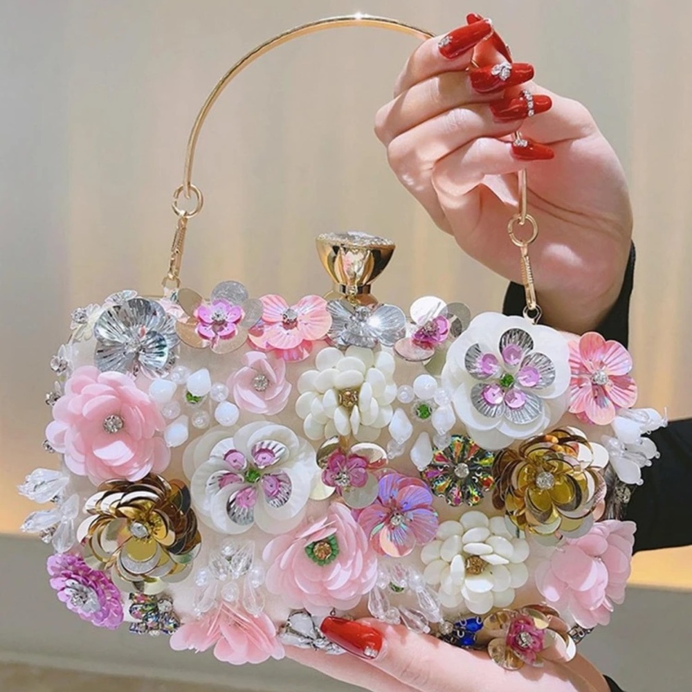 Floral Embellished Pink & White Clutch with Gold Handle